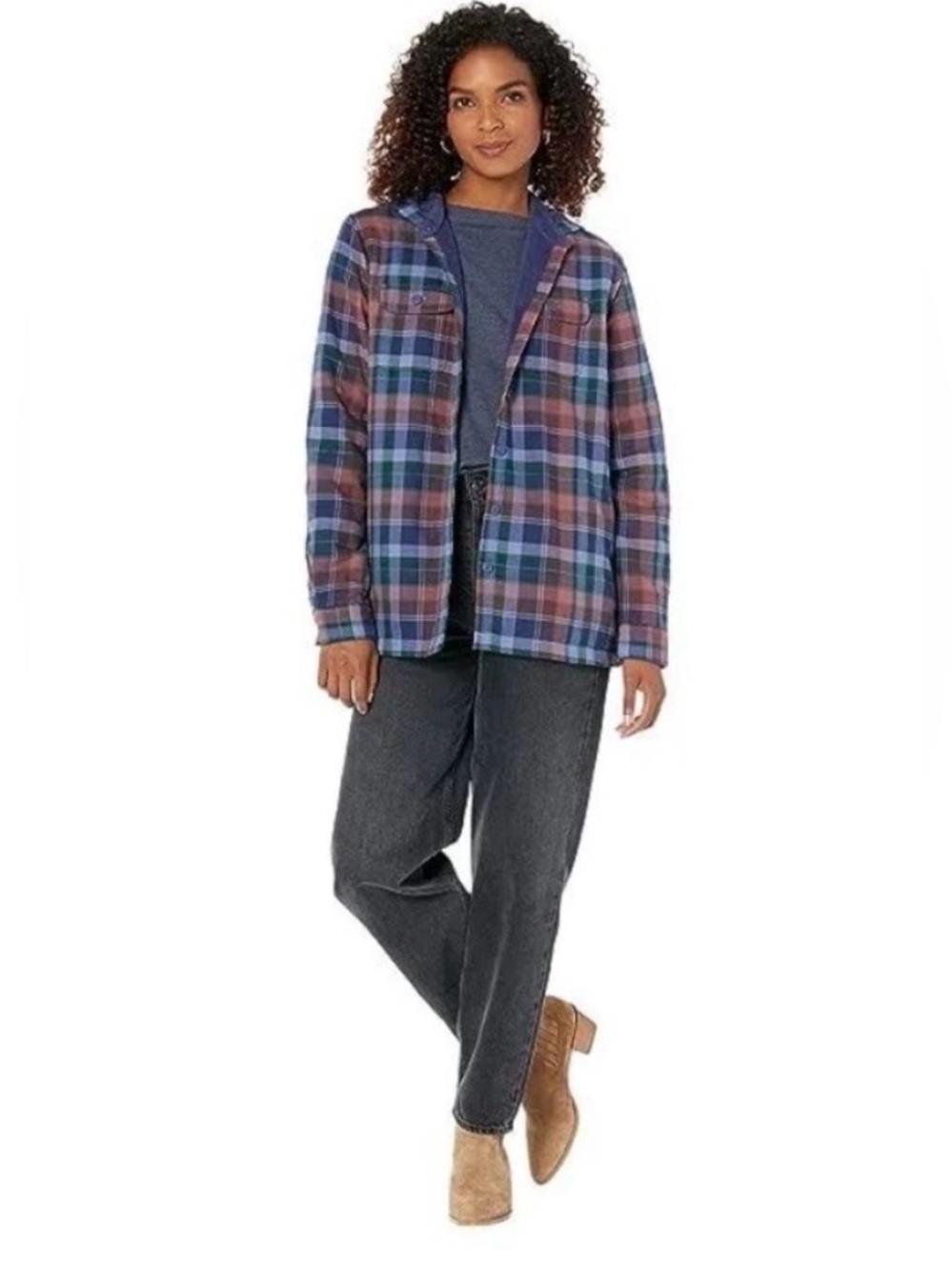 L.L. Bean Plaid Hooded Jean Jacket in Blue and Brown